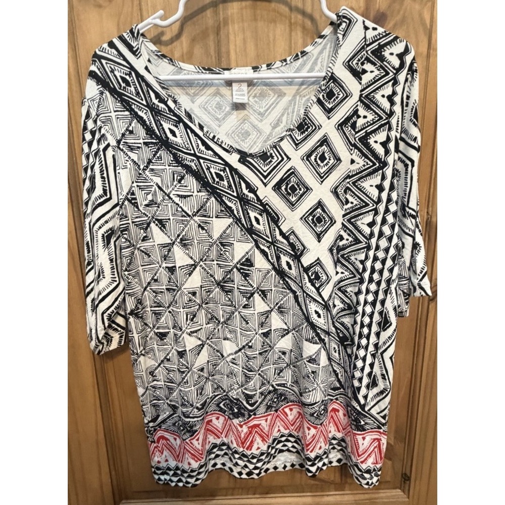 Chico's Black White Geometric Print Top Women's Size 2 Red Border Stretch Tunic